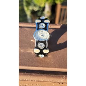 Vtg Denacci Quartz Rhinestone Enamel Bracelet Cuff Watch